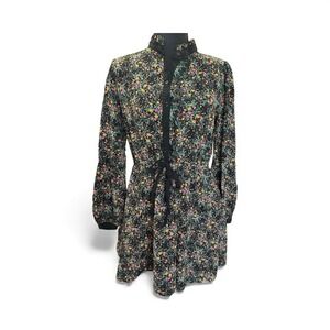 LOST+WANDER Black Floral Print Button Front Tie Waist‎ Long Sleeve Shirt Dress M